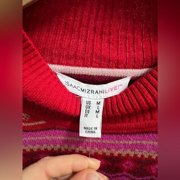 Isaac Mizrahi sweater shirt Mock-Neck Fair Isle Jacquard Red size M stylish cozy - Picture 12 of 15